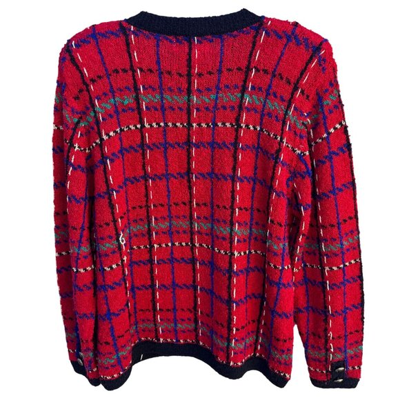Worthington Vintage Old Money Red Plaid Button-Up Boucle Knit Cardigan Sweater M - Picture 5 of 12